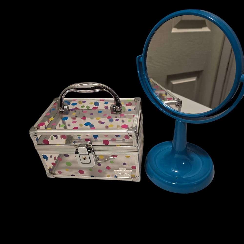 Polka Dot Clear Makeup Case and Blue Mirror Set With Keys